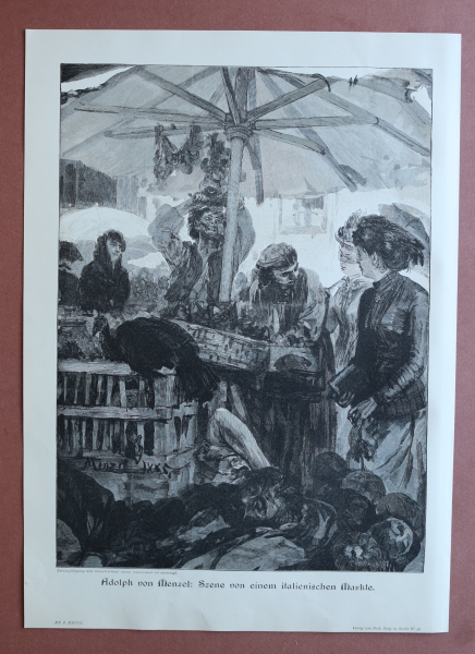 Holzstich Adolph von Menzel 1890-1900 Szene von einem italienischen Markte